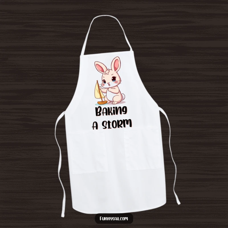Funny apron showcasing a determined rabbit adjusting a tiny sail with its paw, ready for kitchen adventures.