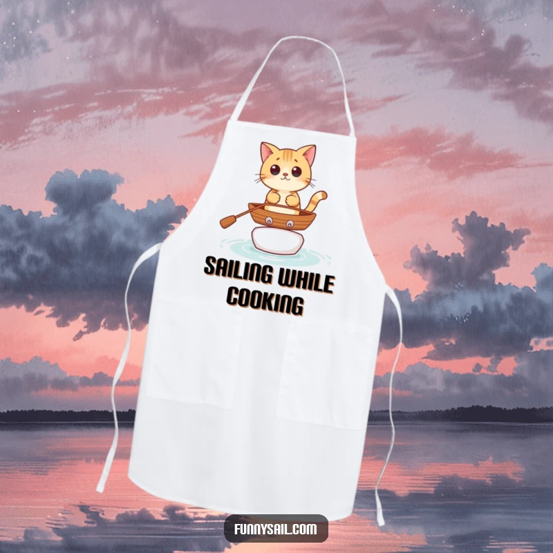 Funny curious cat character in a rowboat, ready for kitchen duty on this humorous cooking apron.