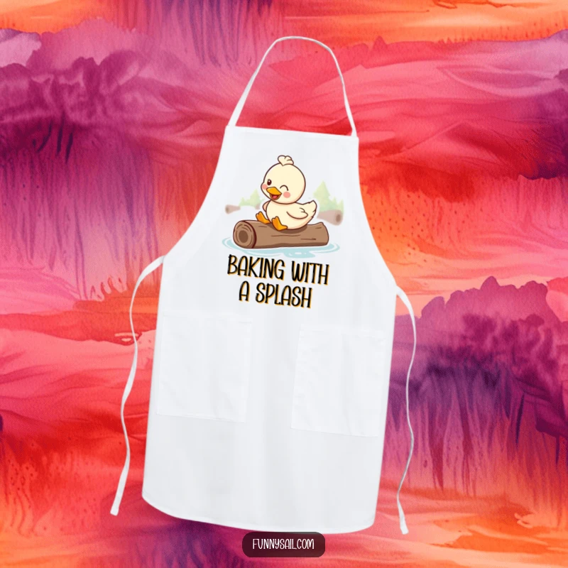 Funny apron showcasing a happy duck smiling while riding on a floating log, ready for kitchen adventures.