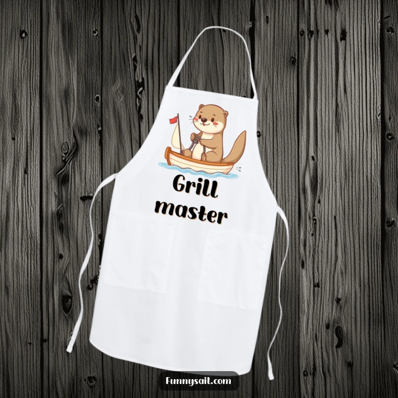 Funny Otter Sailor Apron: A playful otter steers a sailboat, bringing nautical fun to kitchen duties, a humorous cooking accessory.