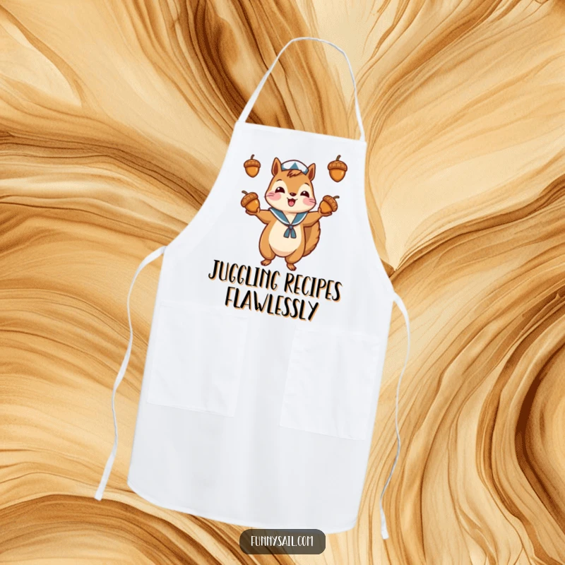Funny apron showcasing a squirrel sailor juggling acorns, designed for kitchen fun and culinary dexterity.