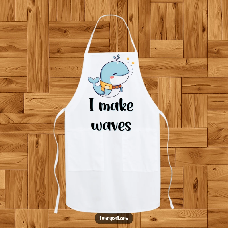 Funny whale wearing a life vest, blowing water, cooking apron for chefs, playful kitchen accessory, humorous.