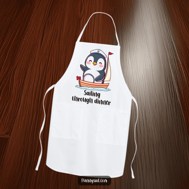 Funny penguin captain apron showing a happy bird in a sailor hat steering a boat, ideal for kitchen fun.