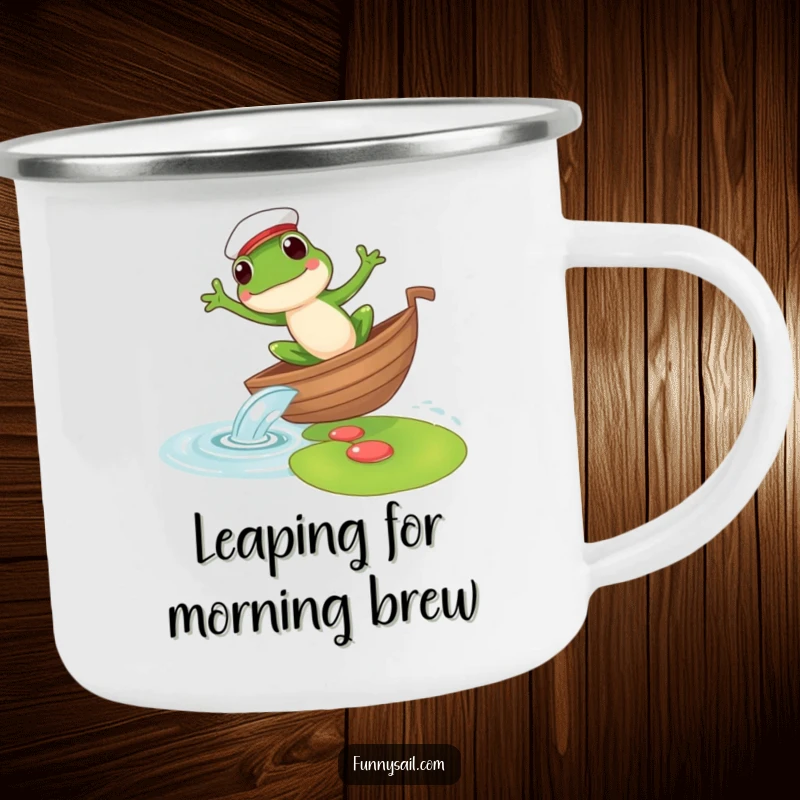 Funny camping mug with a frog sailor leaping from a boat to a lily pad, perfect for outdoor adventures and morning brews.