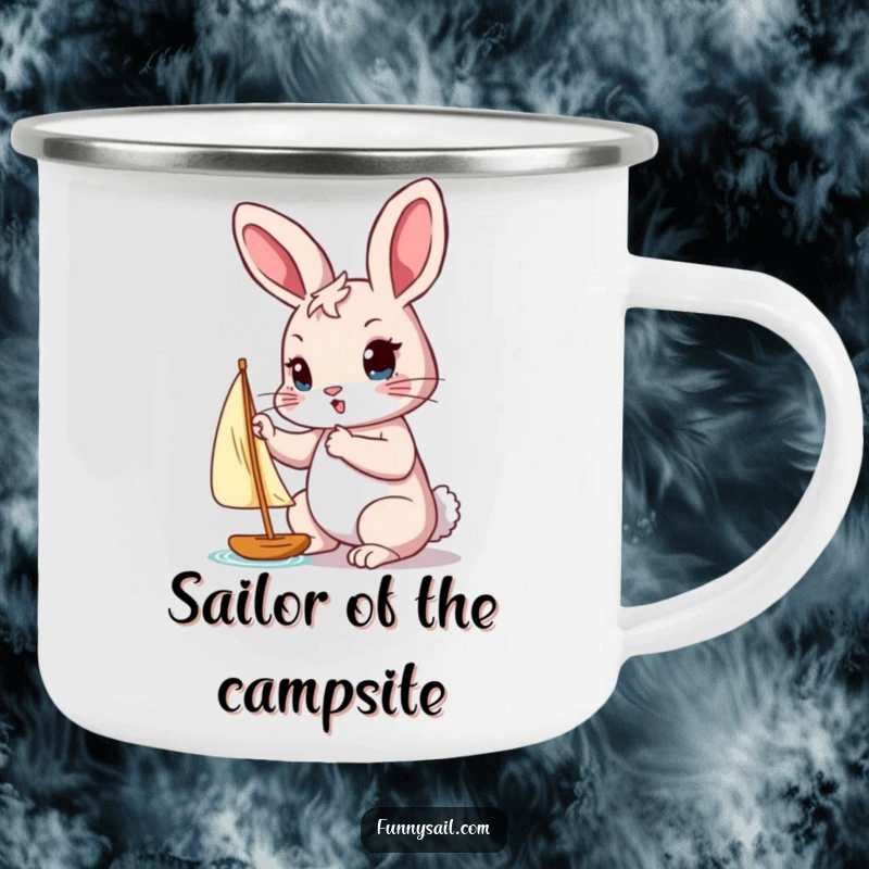 Funny camping mug with a determined rabbit adjusting a tiny sail with its paw, ready for any journey.