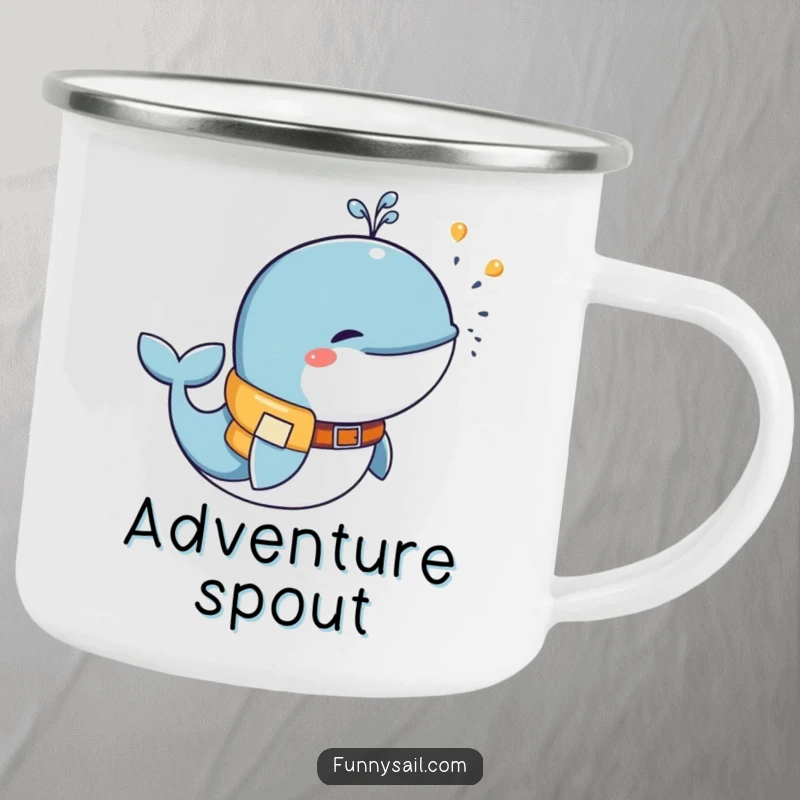 Funny whale in a life vest blowing water, enamel camping mug, durable outdoor drinkware, playful design.