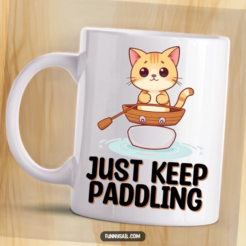 Funny curious cat character precariously balancing on a tiny rowboat, evoking a sense of playful adventure and daring.