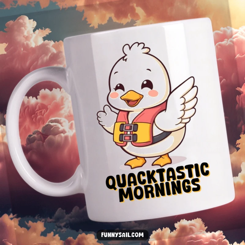 Funny Duck Life Vest Mug: A cheerful duck wearing a life vest waves a wing, promoting safety with a humorous and friendly vibe.