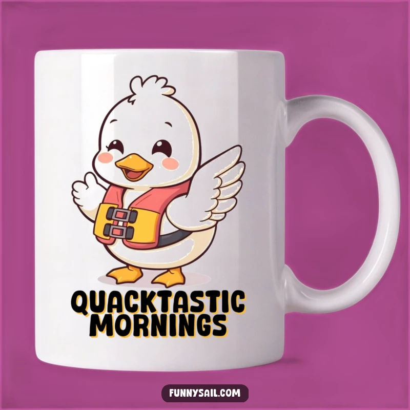 Funny Duck Life Vest Mug: Cheerful Duck Waving Wing - Hilarious Safety First Gift!