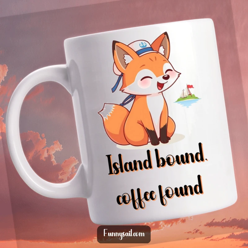 Funny mug shows a fox in a sailor hat happily barking towards a distant island, embodying adventure and playful spirit.