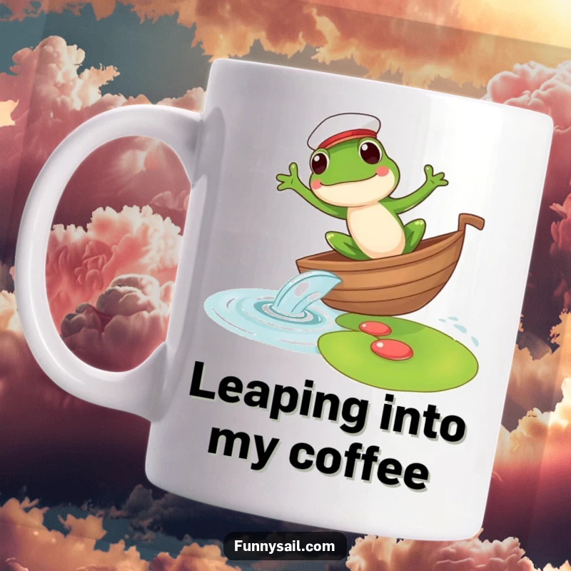 Funny mug features a frog sailor in a hat leaping elegantly from a boat onto a lily pad, embodying cheerful transition.