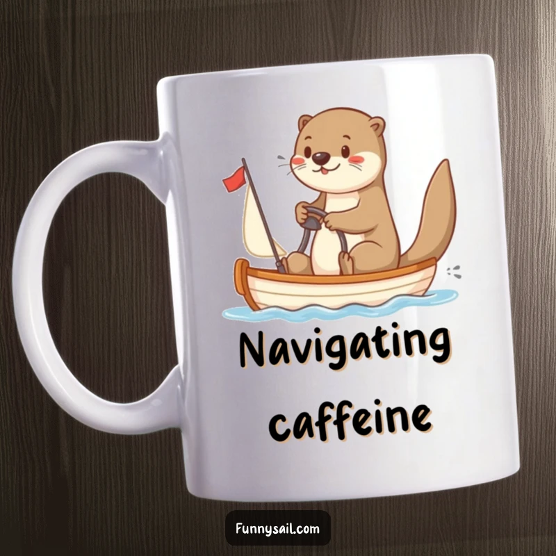 Funny Otter Sailor Mug: A happy otter enthusiastically steers a small sailboat, embodying nautical joy and humor.