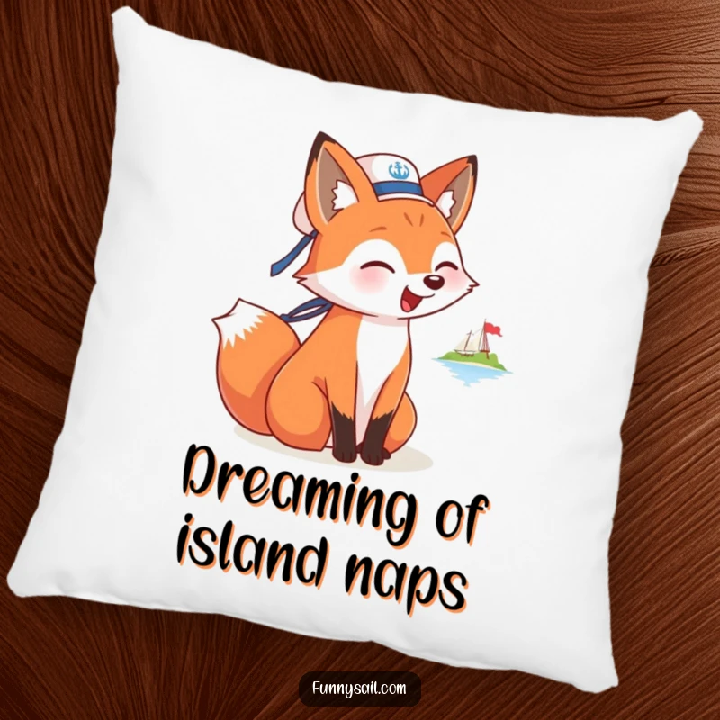 Funny pillow featuring a fox sailor barking at an island, adding a cozy and humorous nautical touch to any sofa.