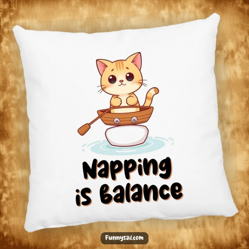 Funny curious cat character in a rowboat, designed for a soft and humorous decorative pillow.