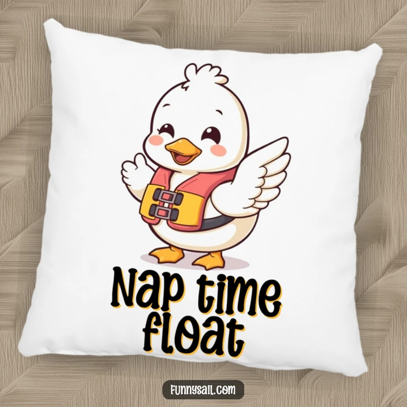 Funny Duck Safety Pillow: A plush pillow featuring a cheerful duck with a life vest waving, adding humorous comfort to any space.
