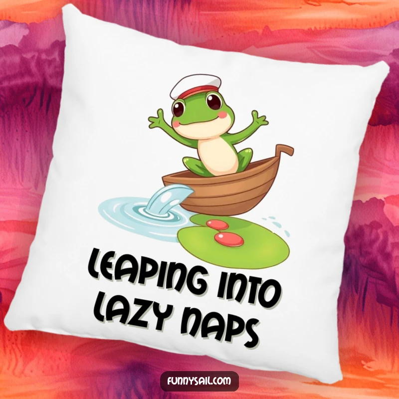 Funny pillow featuring a frog sailor leaping from a boat to a lily pad, adding whimsical nautical comfort to any space.