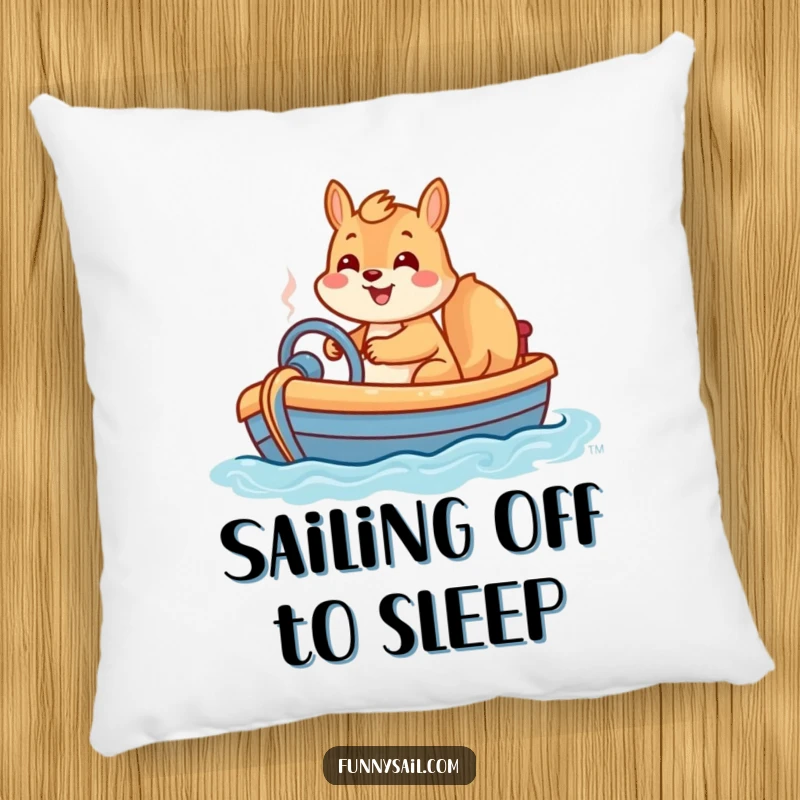 Funny pillow with a happy squirrel steering a toy boat with a big smile, bringing nautical fun indoors.