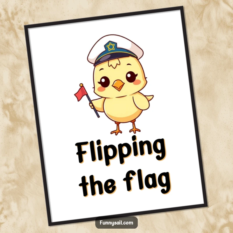 Funny digital art print of a happy bird in a sailor hat holding a small flag, embodying adventure and fun.