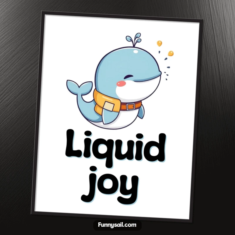 Funny whale in a life vest spraying water joyfully, printable digital art, playful ocean theme, humorous wall decor.