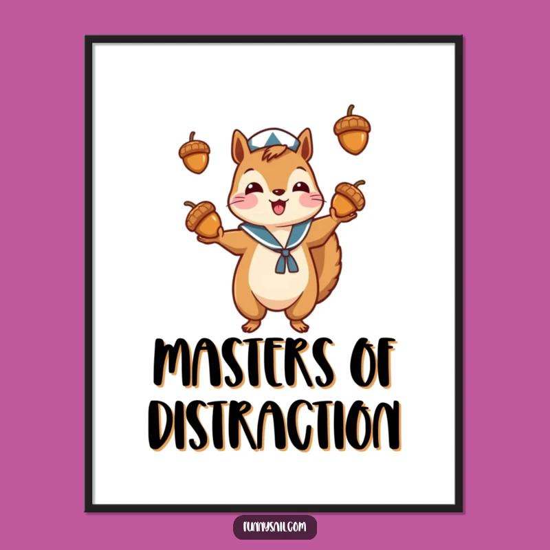 Funny Squirrel Sailor Digital Art: Whimsical Acorn Juggling, Instant Decor Gift