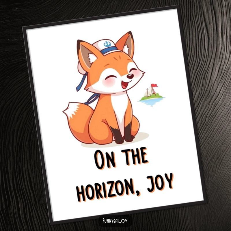 Funny digital art print of a fox sailor barking at a distant island, capturing a humorous and adventurous spirit.