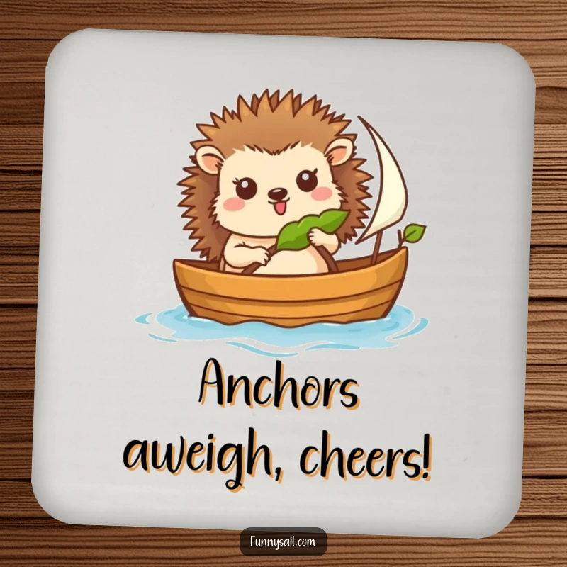 Funny drink coaster featuring a cheerful hedgehog sailor steering a boat, protecting tables with maritime humor.