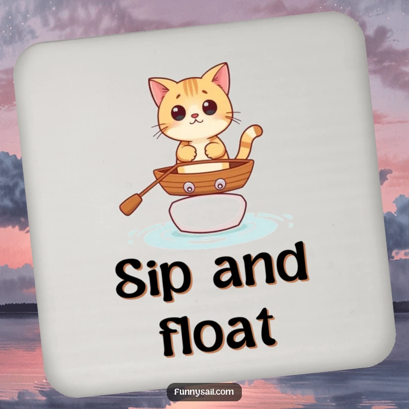 Funny curious cat character in a rowboat, printed on protective drink coasters for a humorous touch.