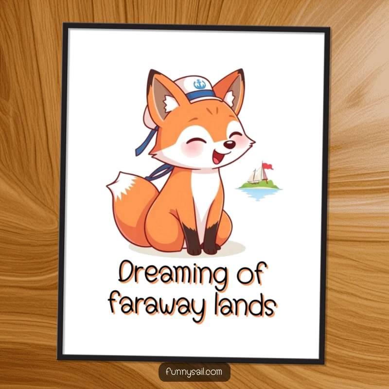 Funny poster of a fox in a sailor hat barking at a distant island, capturing a sense of playful adventure and wanderlust.