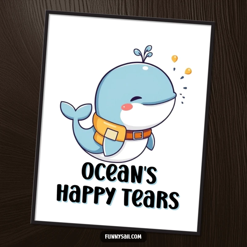 Funny whale wearing a tiny life vest, blowing water joyfully, cute marine art print for wall decor, humorous.
