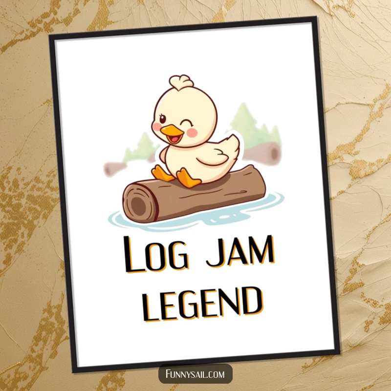 Funny poster featuring a happy duck smiling contentedly while riding on a floating log, embodying pure bliss.