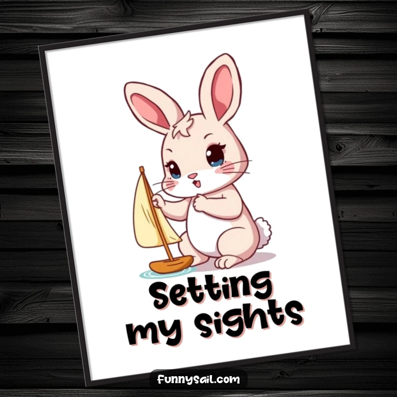 Funny poster featuring a determined rabbit carefully adjusting a tiny sail with its paw, symbolizing focus and the journey.