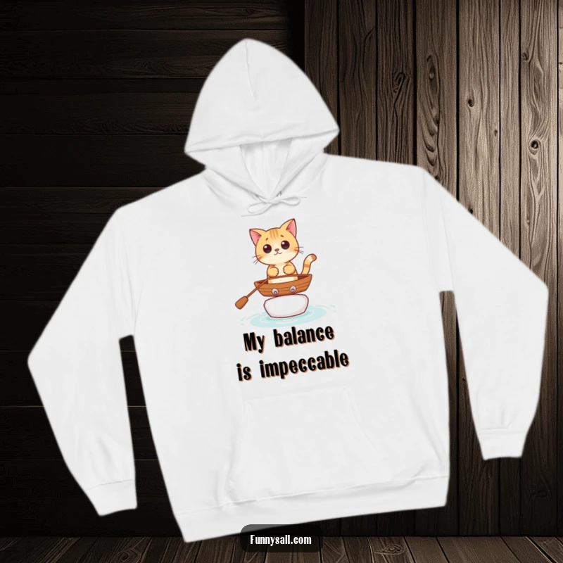 Funny curious cat character navigating choppy waters on a small rowboat, printed on a comfortable and warm hoodie.