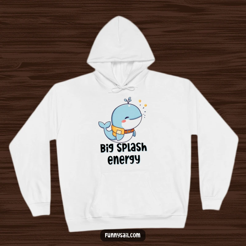 Funny whale in a life vest blowing water, cozy hooded sweatshirt for animal lovers, whimsical and warm.