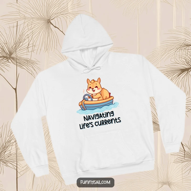 Funny hoodie with a playful squirrel grinning widely as it steers a toy boat, ready for any journey.