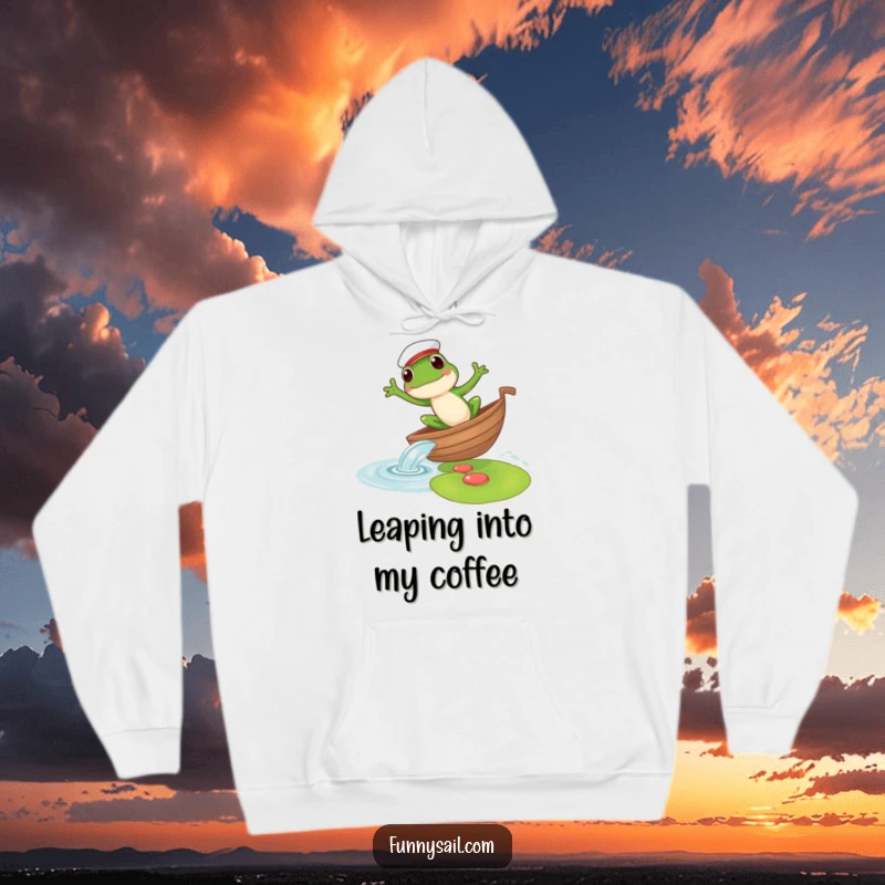 Funny hoodie featuring a frog sailor leaping from a boat to a lily pad, offering cozy comfort and nautical charm.