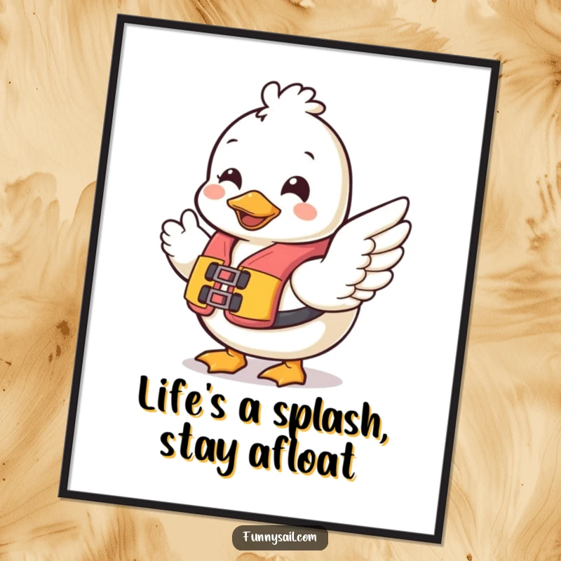 Funny free printable wall art: Cheerful duck character wearing a life vest, waving a wing with a friendly and happy expression.
