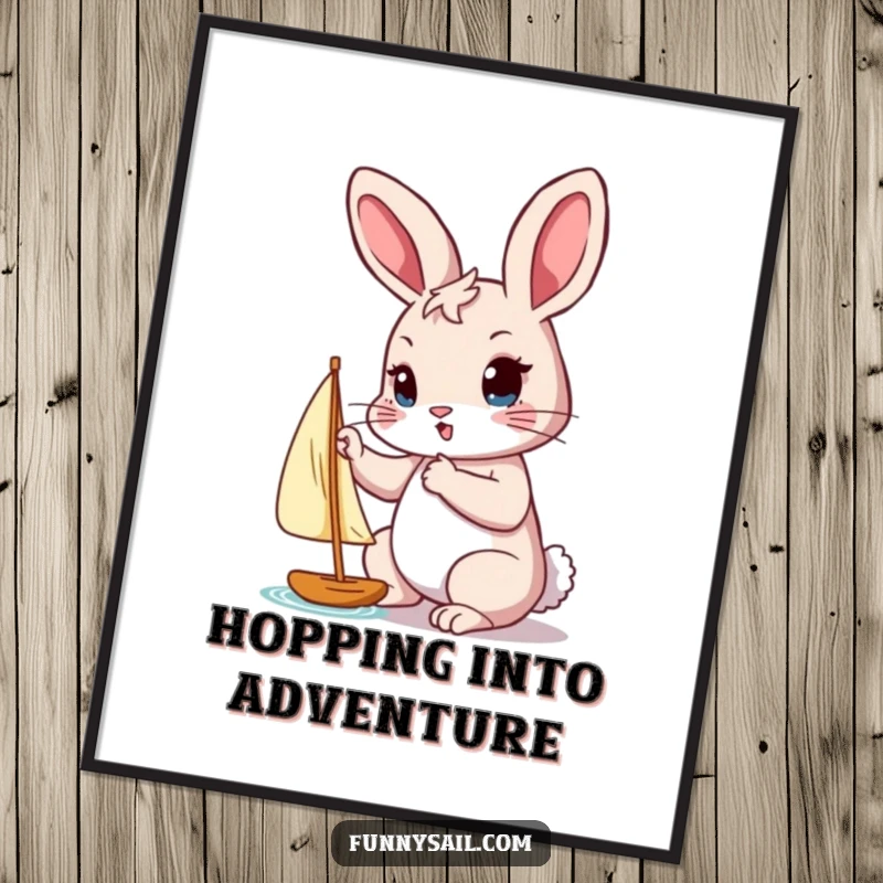 Funny free printable wall art: A rabbit with a determined look on its face adjusts a tiny sail, ready to navigate any challenge.