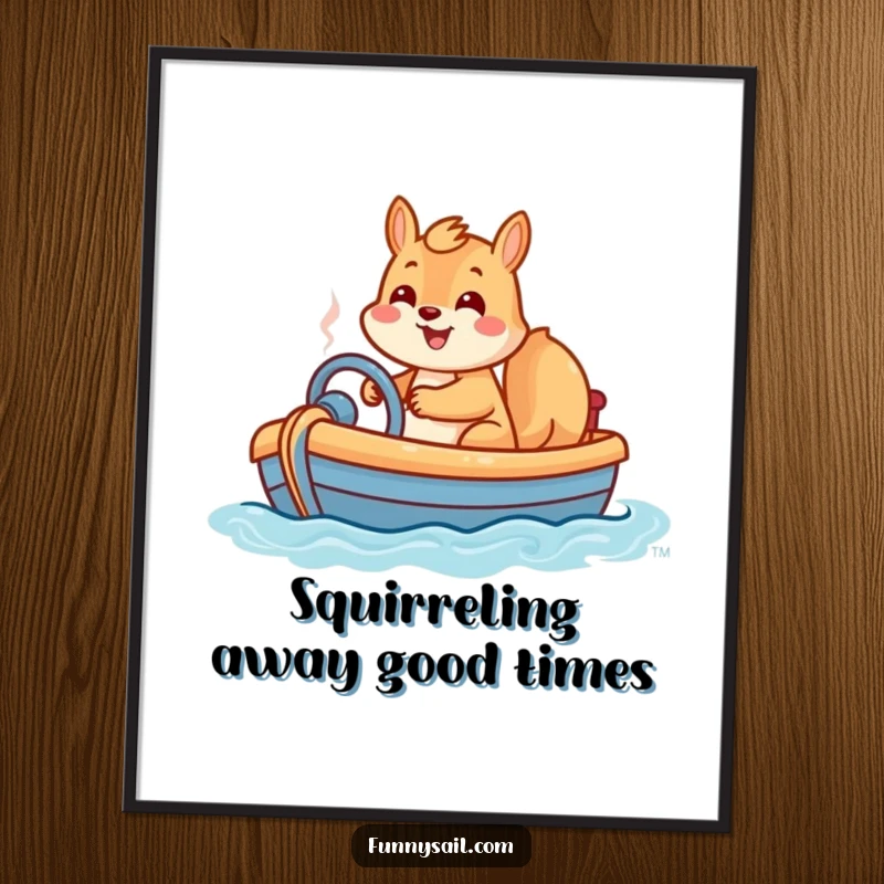 Funny free printable wall art: A squirrel with a wide, happy grin expertly steers a small toy boat on an imaginary adventure.
