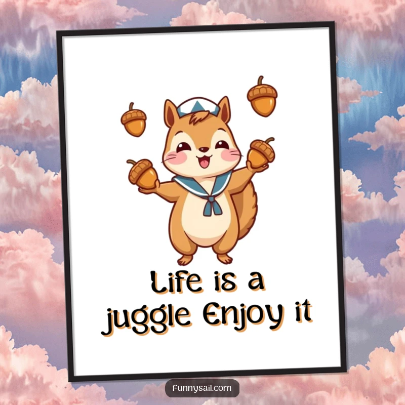Funny Free Printable Squirrel Juggler Wall Art: A cute squirrel in a sailor outfit masterfully juggling acorns, bringing lively fun to decor.