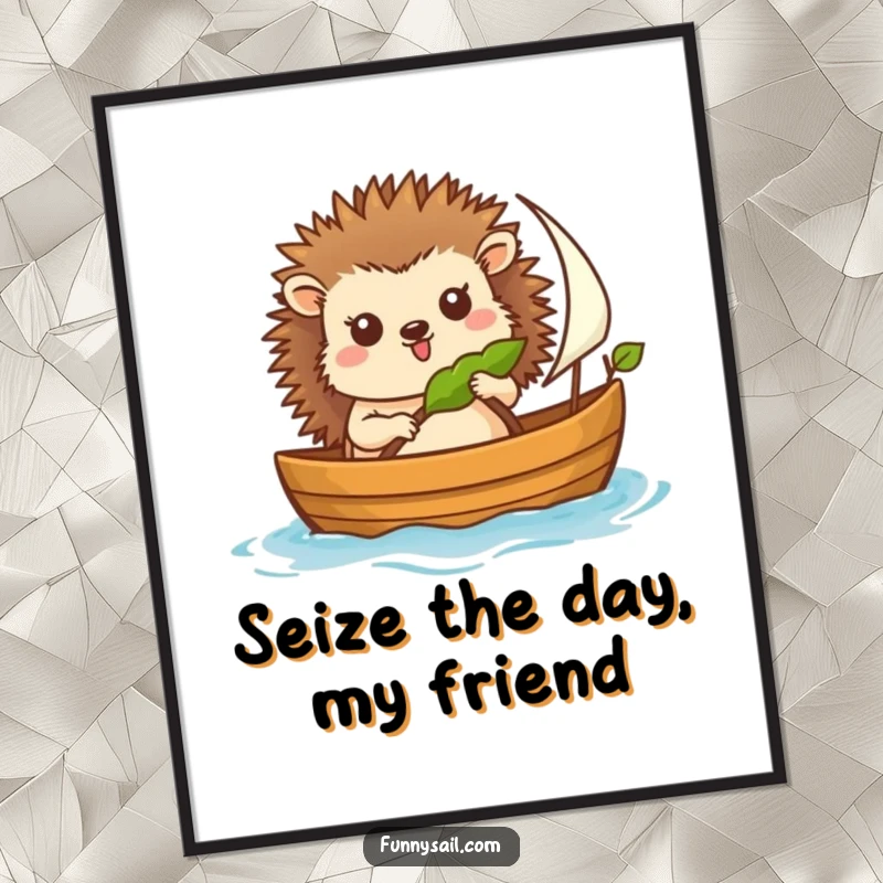 Funny Free Printable Hedgehog Sailor Wall Art: A cheerful hedgehog captaining a leaf-sailed boat, bringing nautical humor to any space.