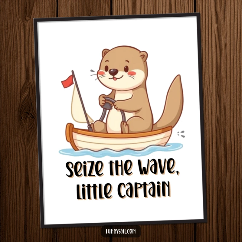 Funny free printable wall art: Playful otter character enthusiastically steering a tiny sailboat on a whimsical sea adventure.