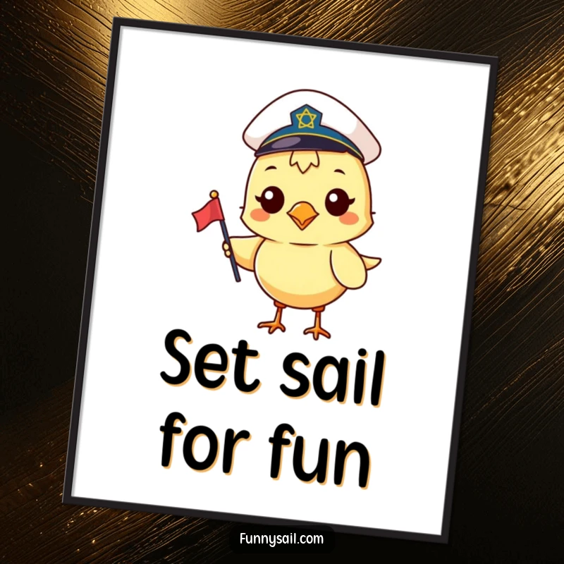 Funny free printable wall art: A happy bird donned in a sailor hat holds a small flag, exuding cheerful nautical vibes.