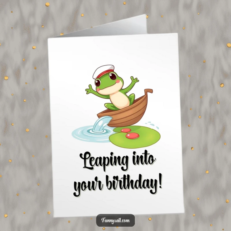Funny Free Printable Frog Sailor Birthday Card: A cute frog in a sailor hat leaping from a boat to a lily pad for birthday wishes.