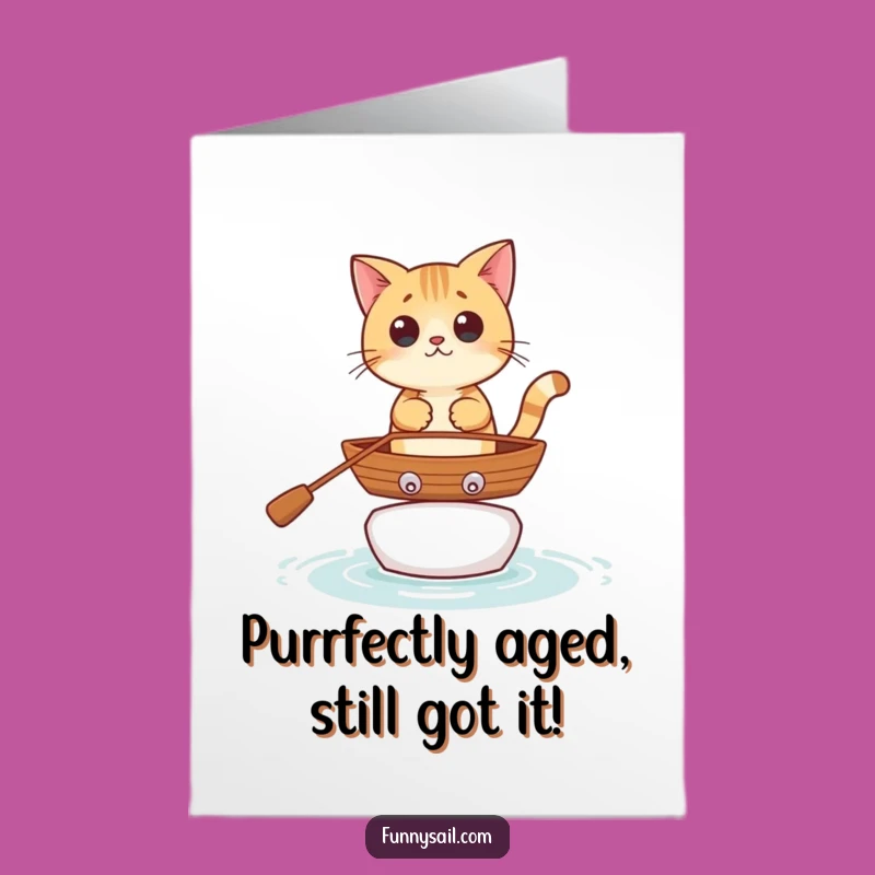 Free Printable Funny Cat Birthday Card: Curious Kitty Rowboat Adventure Downloadable Gift