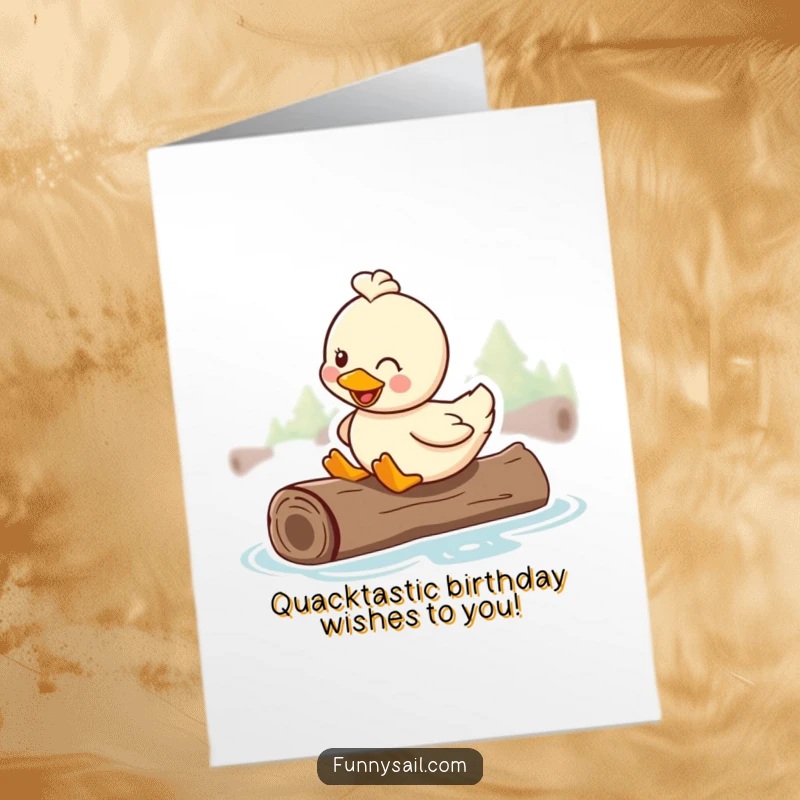 Funny free printable birthday card: A happy duck with a wide smile rides contentedly on a floating log, ready for birthday fun.
