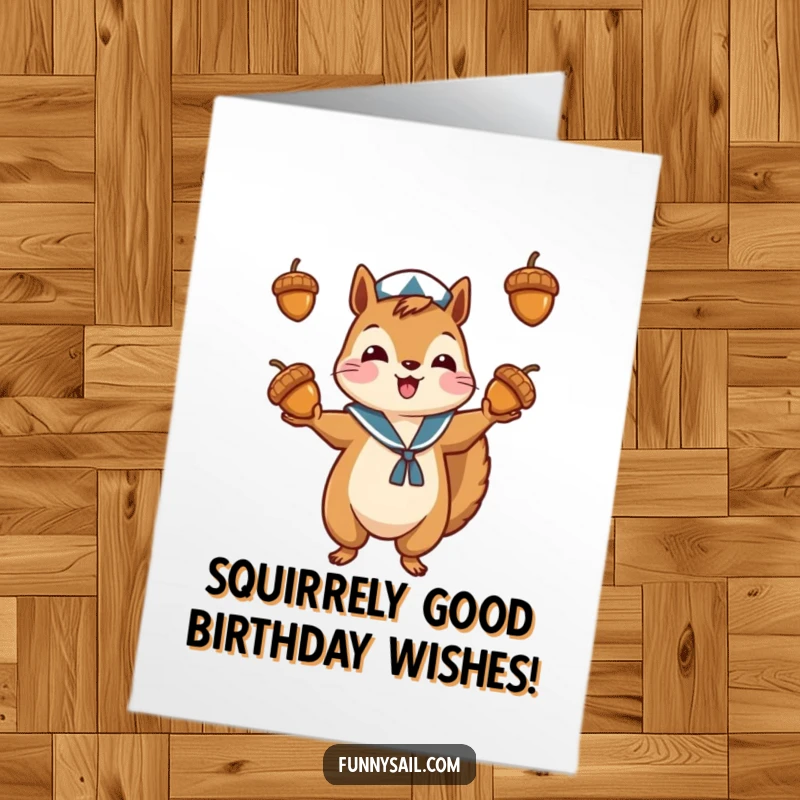 Funny Free Printable Squirrel Juggler Birthday Card: A cute squirrel in a sailor outfit expertly juggling acorns for a birthday surprise.
