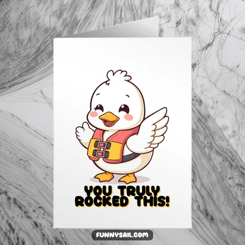 Funny free printable congratulations card: Cheerful duck in a life vest, waving a wing to celebrate a grand achievement.