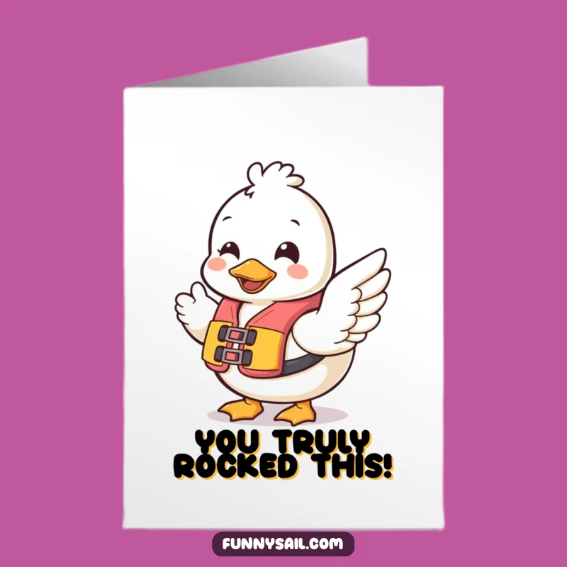 Free Printable Duck Congratulations Card: Cheerful Lifesaver Duck Waving Success Download
