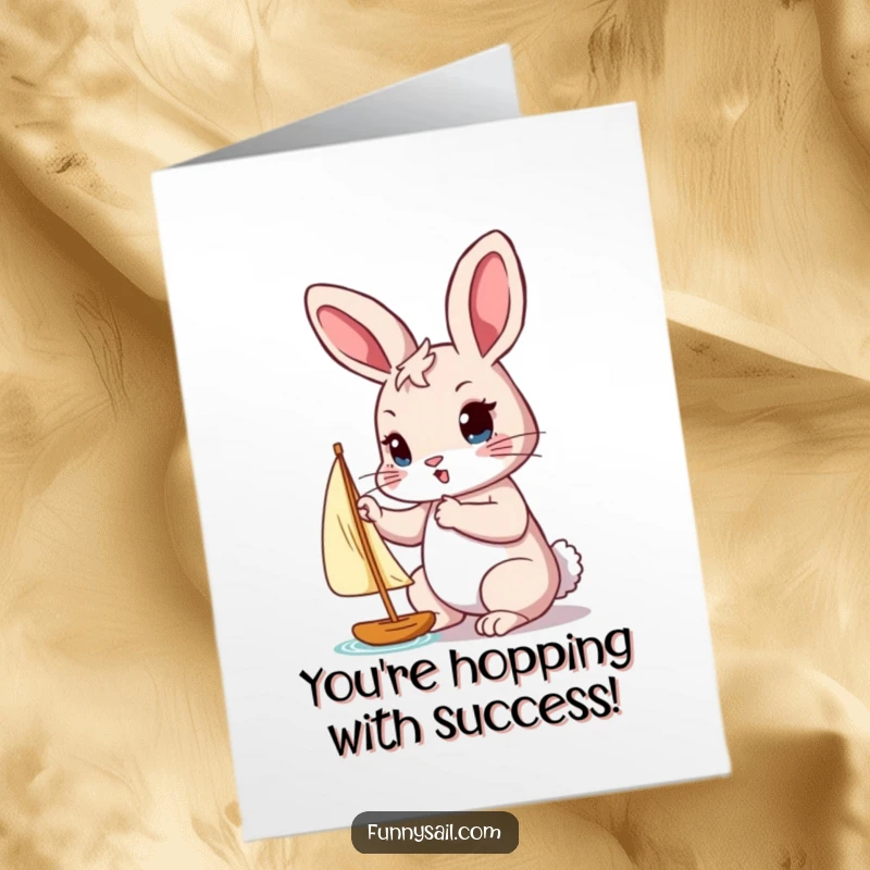 Funny free printable congratulations card: A rabbit with a serious expression adjusts a small sail, symbolizing focused effort and achievement.