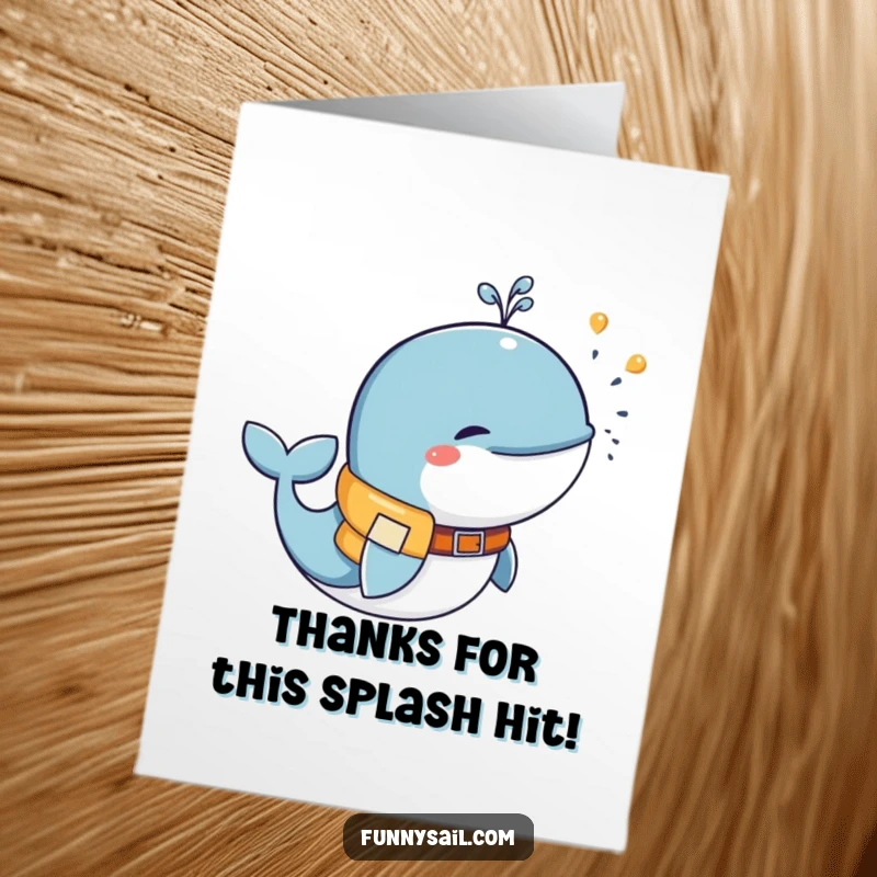 Funny Free Printable Thank You Card: Adorable whale in a life vest, sending thanks, great for a print-at-home gift.